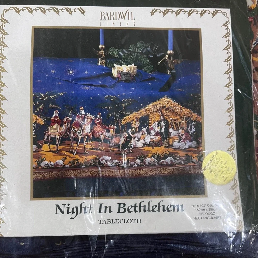 Vtg Bardwil Linens Night In Bethlehem Tablecloth Nativity 60x102 Oblong Navy NEW